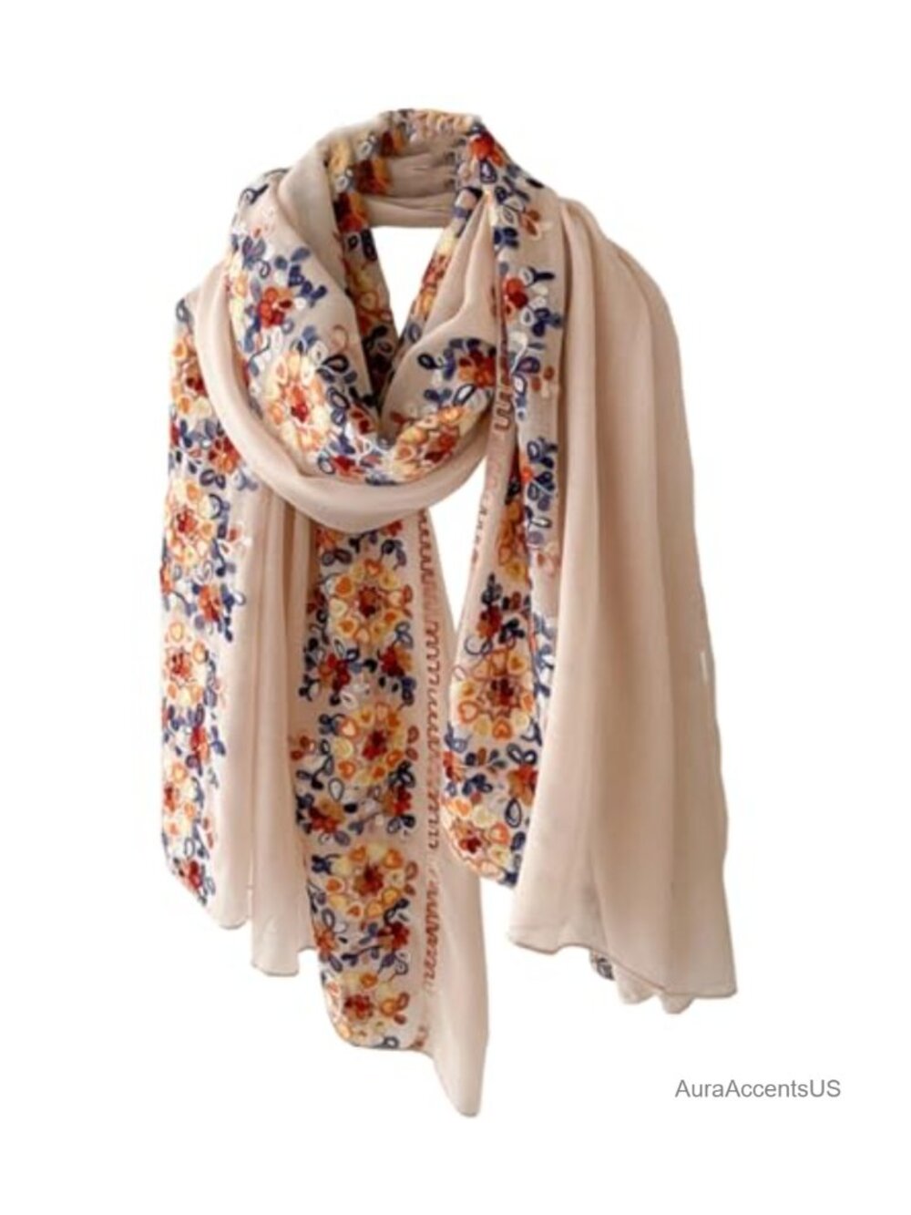 Embroidered Floral Vacation Scarf Wrap Shawl Polyester Voile Lightweight